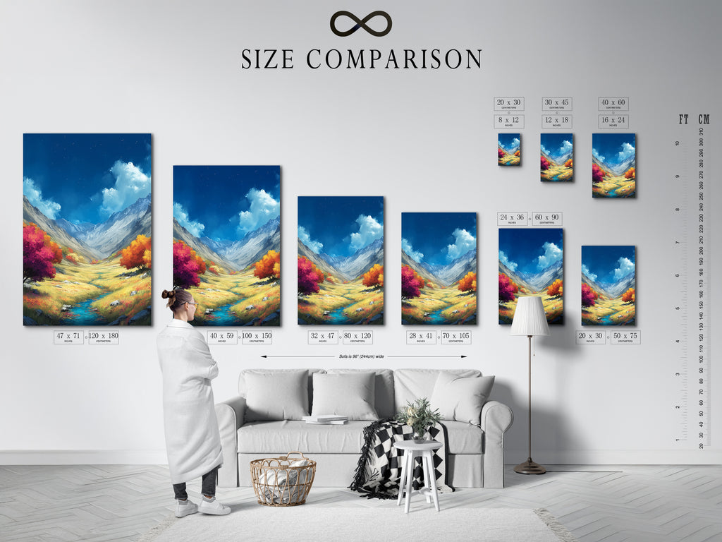 A size comparison chart in an interior setting. The chart helps visualize artwork dimensions. It shows how a Mountain Valley canvas print fits. Sizes range from small to large. Perfect for planning your home decor. Find the ideal size for your space with this helpful chart.