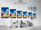 A size comparison chart in an interior setting. The chart helps visualize artwork dimensions. It shows how a Mountain Valley canvas print fits. Sizes range from small to large. Perfect for planning your home decor. Find the ideal size for your space with this helpful chart.