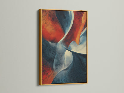 Artwork with a gold frame is displayed. The artwork has abstract shapes in red white and blue. The gold frame adds a touch of glamour. This framed art will make a statement in any room. Add a touch of luxury to your home decor. Shop now for gold framed art prints.