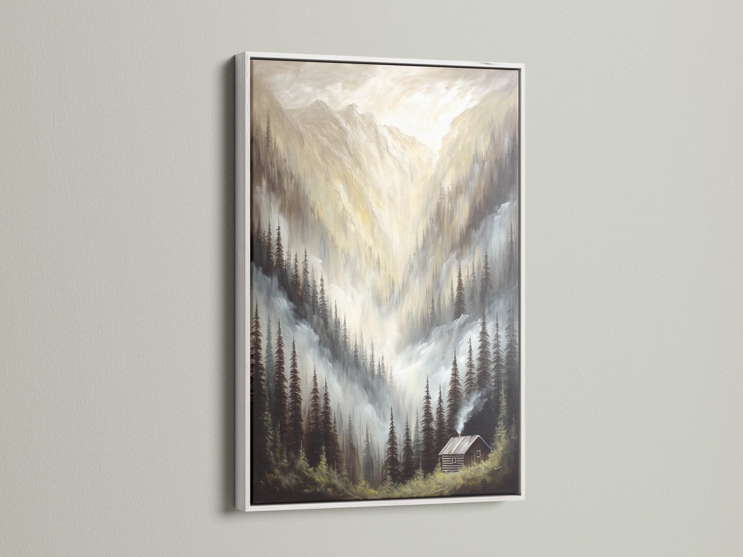 Mountain Cabin Canvas Print with a white frame. The landscape wall art creates a serene atmosphere. This modern decor piece is a photography print of wilderness art. It’s a beautiful wall decoration. Get this cabin art today
