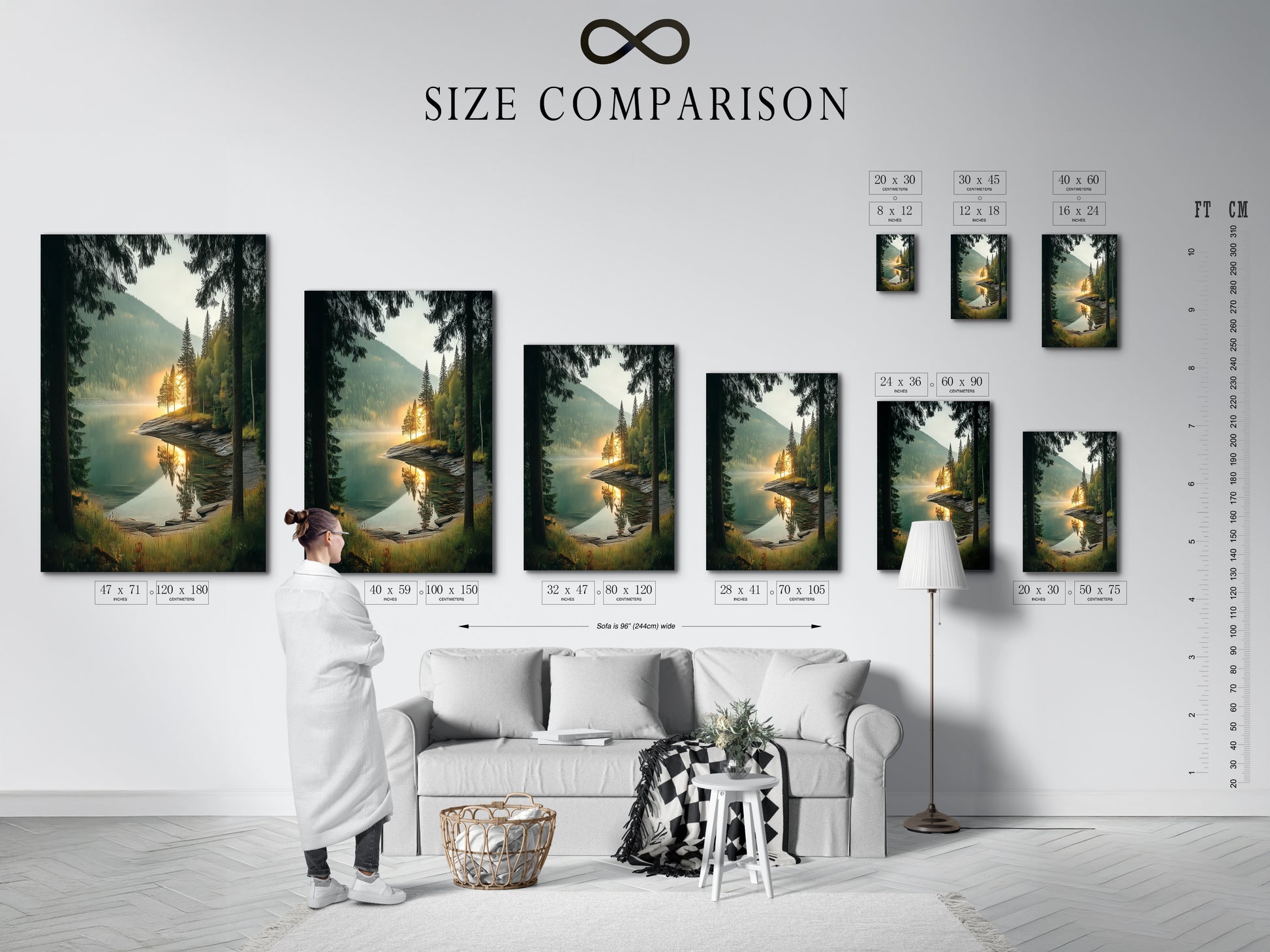 View a size comparison chart within an interior. This chart helps visualize artwork dimensions.  Plan your serene decor and minimalist wall art arrangements easily. Get the perfect fit.