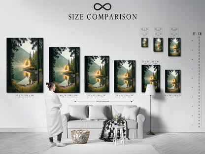 View a size comparison chart within an interior. This chart helps visualize artwork dimensions.  Plan your serene decor and minimalist wall art arrangements easily. Get the perfect fit.
