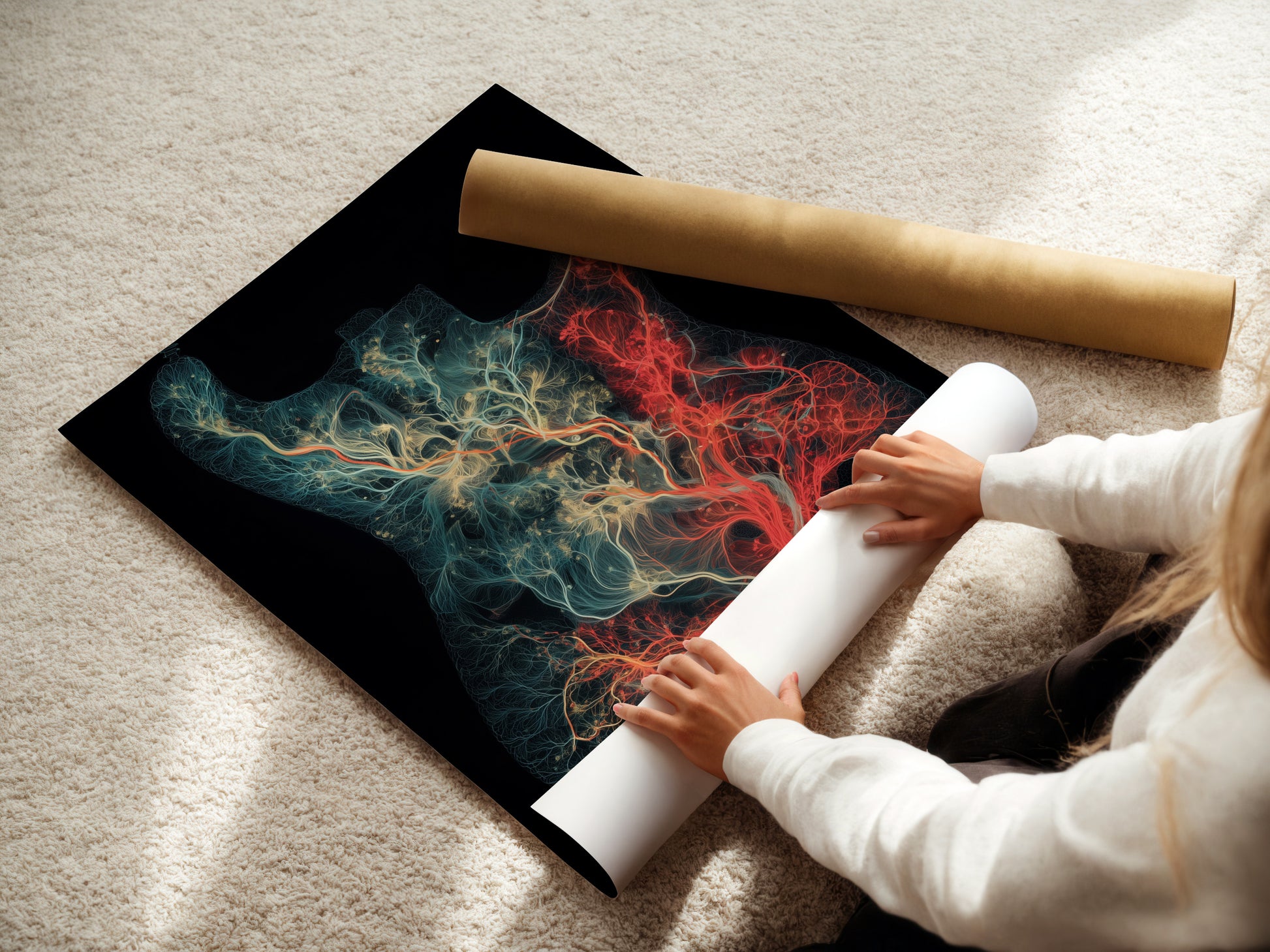 A woman carefully rolls a fine art poster paper. The paper is high-quality and ready to be framed. This poster paper is perfect for preserving artwork. The woman's care ensures the artwork remains in pristine condition. Fine art poster paper provides a professional look. It is ideal for art collectors and enthusiasts.