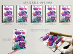 Explore available options for our floral artwork. Choose between a stretched canvas print fine art poster paper or a floating frame. Customize your purple botanical wall art to match your style. Find the perfect flower canvas art. Enhance your home decor with modern floral art.