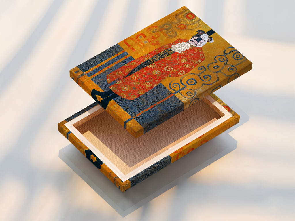 This is a stretched canvas print of the Victorian Bulldog art. The Gustav Klimt style dog portrait is ready to hang. It is a great way to add ornate animal wall art. Perfect for your study room or office. The stretched canvas provides a gallery-ready aesthetic.