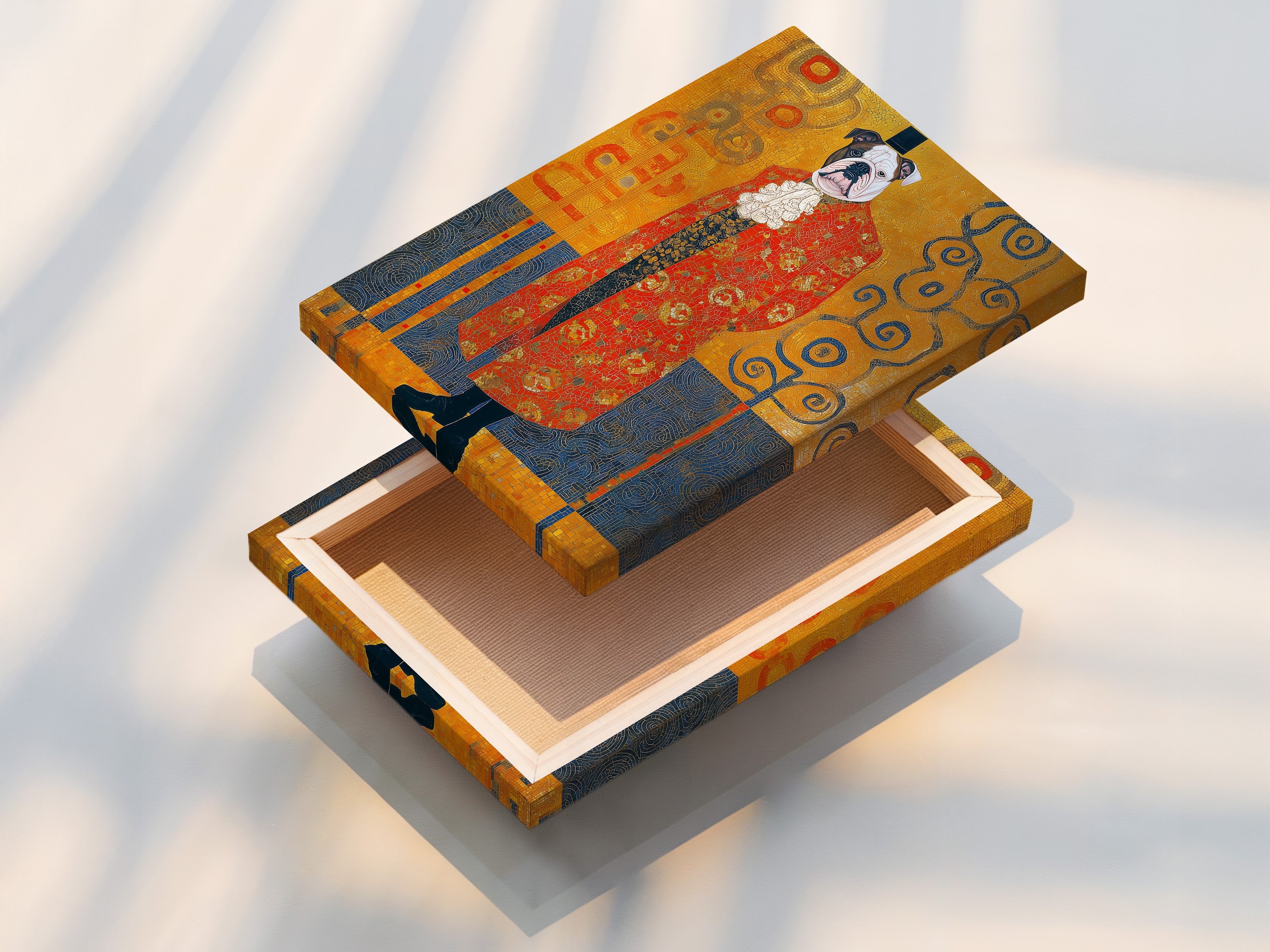 This is a stretched canvas print of the Victorian Bulldog art. The Gustav Klimt style dog portrait is ready to hang. It is a great way to add ornate animal wall art. Perfect for your study room or office. The stretched canvas provides a gallery-ready aesthetic.