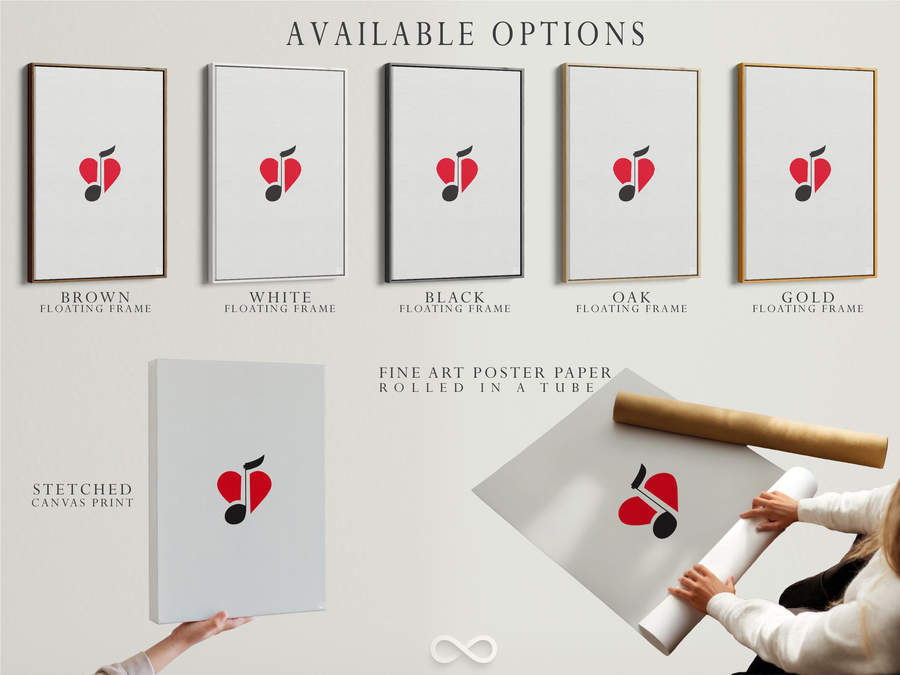Available options include a stretched canvas print. Also a fine art poster paper and a floating frame. Choose the perfect style for your music note heart art.  Elevate your space with this modern artwork.