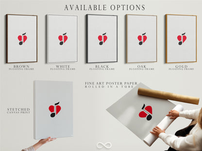 Available options include a stretched canvas print. Also a fine art poster paper and a floating frame. Choose the perfect style for your music note heart art.  Elevate your space with this modern artwork.
