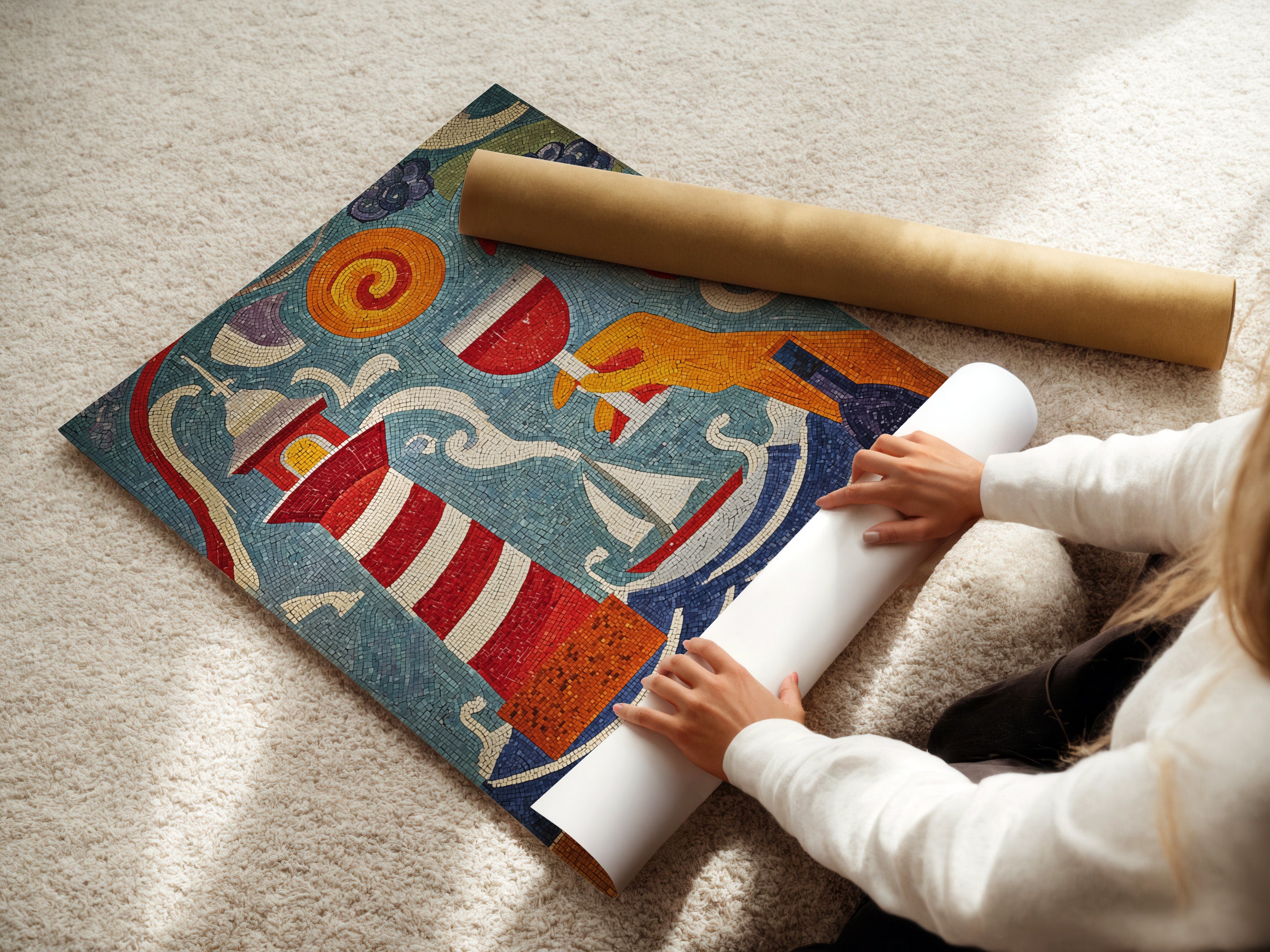 A woman rolls a fine art poster paper. The nautical mosaic artwork will be printed on it. The lighthouse maritime artwork is vibrant. It is perfect for coastal wall art. The poster paper ensures a high-quality print. This artwork is great for seaside decor.