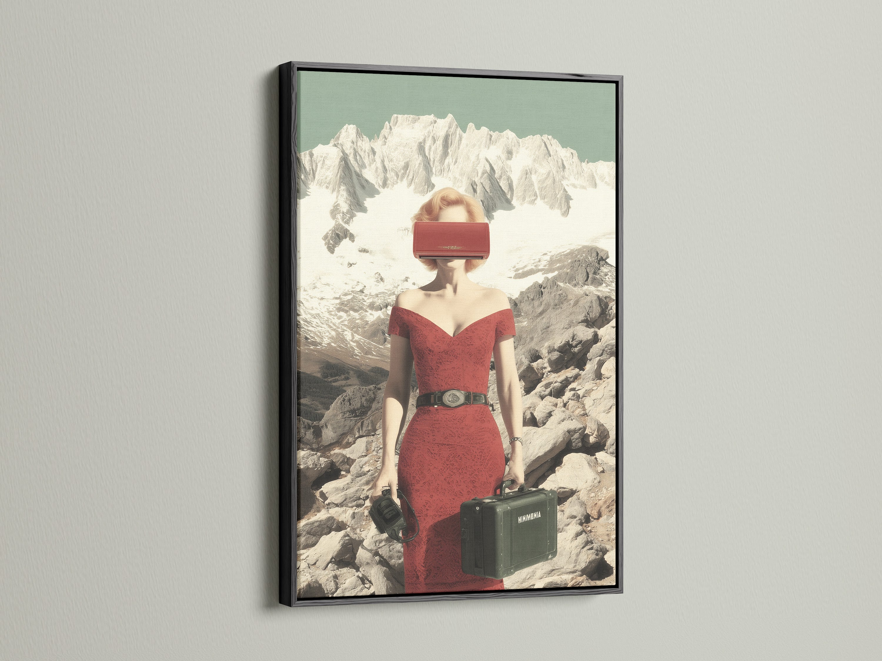 Vintage Travel Poster Print showcased in a black frame. The artwork depicts a surreal mountain scene with a retro fashion woman. This canvas art adds a touch of art deco to your decor. Perfect for bedrooms living rooms and offices. Transform your space with this unique piece.
