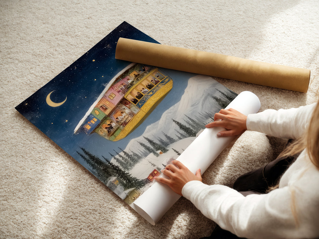 Watch as a woman rolls a fine art poster paper featuring whimsical winter fantasy artwork. The fantasy house and starry night design are perfect for adding a touch of magic to any room. The fine art poster paper ensures high-quality reproduction. It is ideal for art enthusiasts and those seeking unique wall decor.