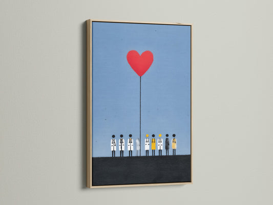 A framed print of a medical team with a red heart balloon. The artwork is displayed in an oak frame. The oak frame enhances the artwork's contemporary style. This healthcare heroes artwork brings unity and hope. It's great for doctor's offices and medical clinics.