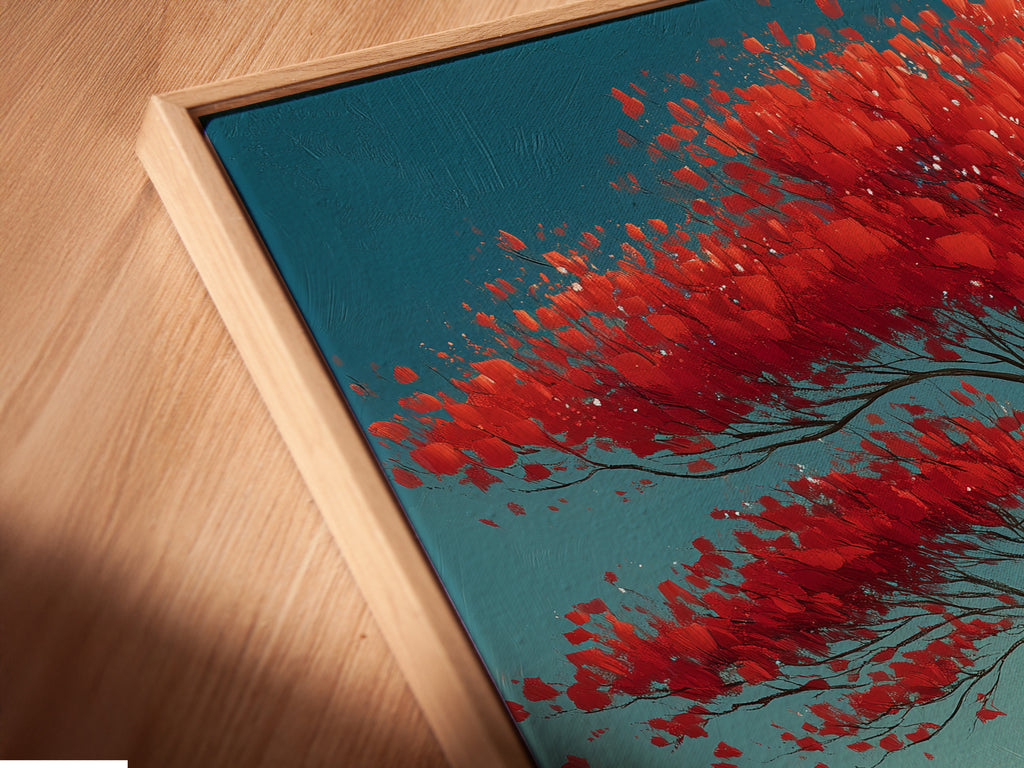 A close-up of a canvas print in a floating frame. The artwork shows a red bonsai tree on a beach with turquoise ocean waves. It adds depth and sophistication to your coastal decor. Perfect for a living room or bedroom.