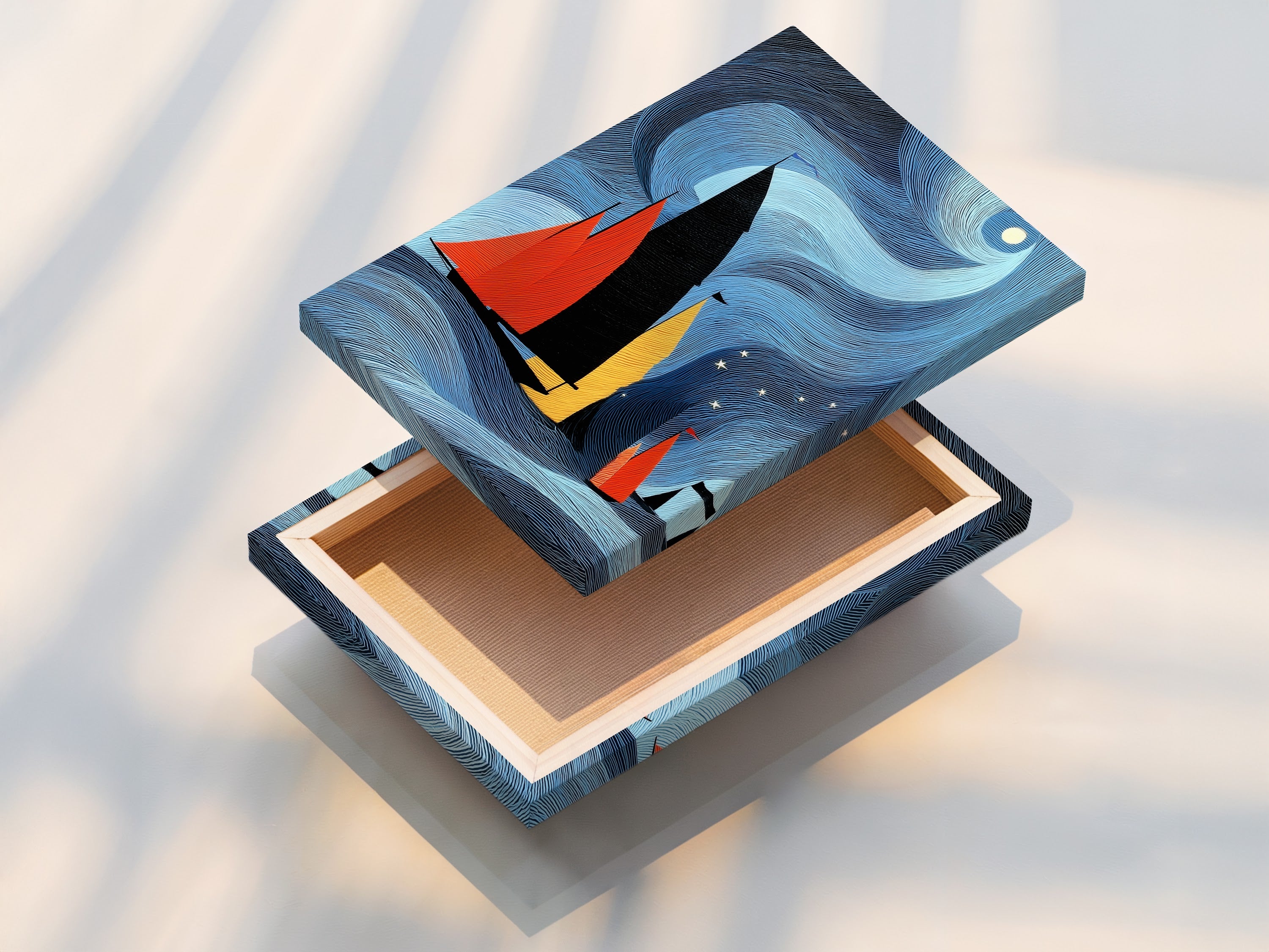 A beautifully stretched canvas print of a sailboat artwork. The nautical art features vibrant colors and abstract elements bringing a touch of the sea to your home. This stretched canvas is ready to hang adding instant coastal decor.