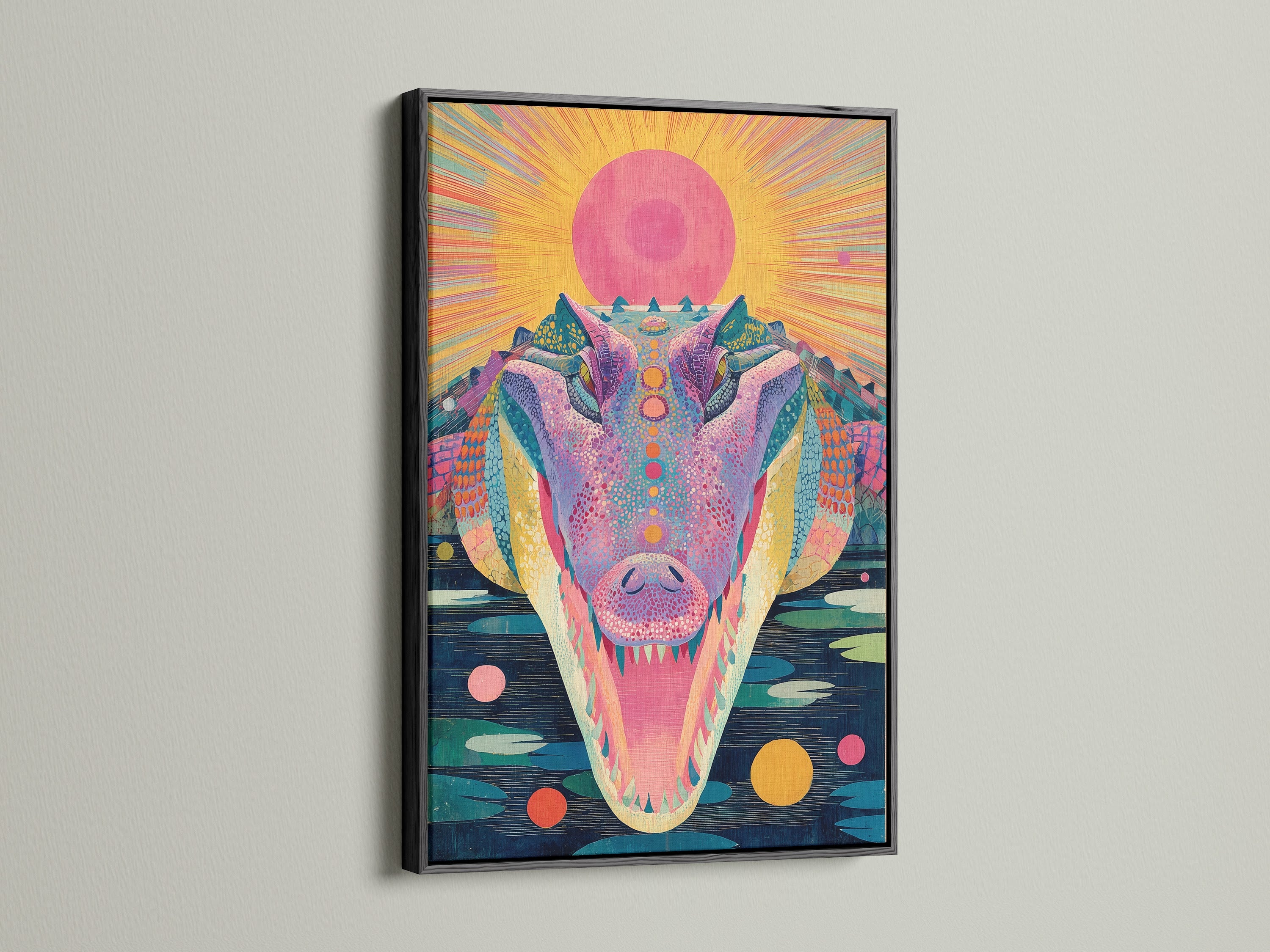 A psychedelic crocodile artwork is displayed in a black frame. This colorful trippy poster makes a bold statement. Ideal for funky home decor. The surreal animal artwork adds a touch of retro psychedelic charm. It's perfect for vibrant wall artwork.