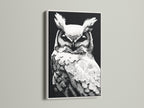 An elegant white frame surrounds this owl artwork. The black and white wildlife print complements the frame. The modern dotted bird canvas is a great addition to any space. Ideal for minimalist animal art decor. Perfect for creating a serene study room environment.
