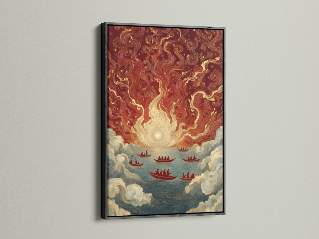Add sophistication with Asian Maritime artwork in a black frame. This nautical canvas art features vintage Chinese ships. Perfect for creating a stylish focal point in your living room or office. The red gold decor adds warmth.