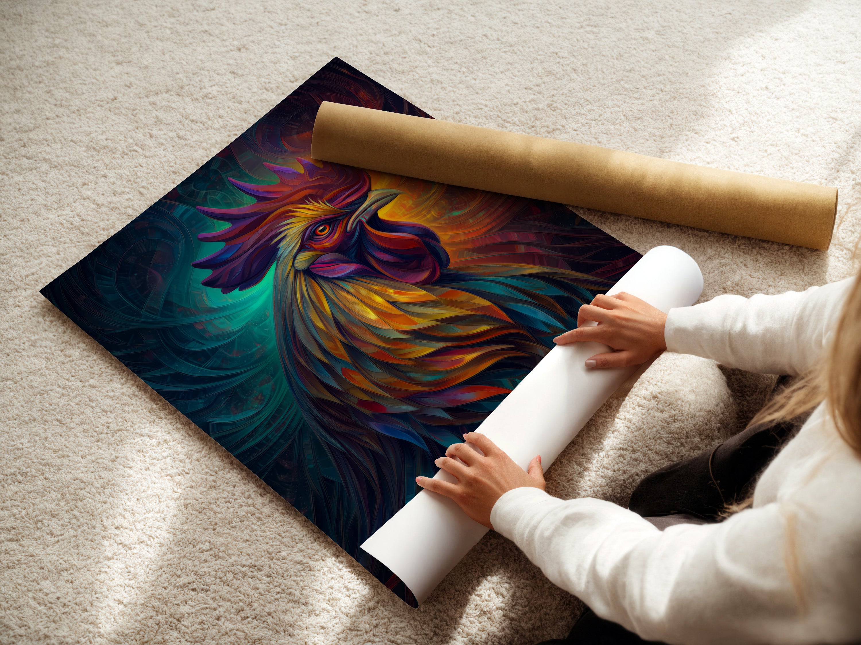 A woman carefully rolling a fine art poster paper of a rooster art print. This colorful rooster art is ready for framing. Ideal for adding a touch of farmhouse decor. Perfect as vibrant animal artwork.