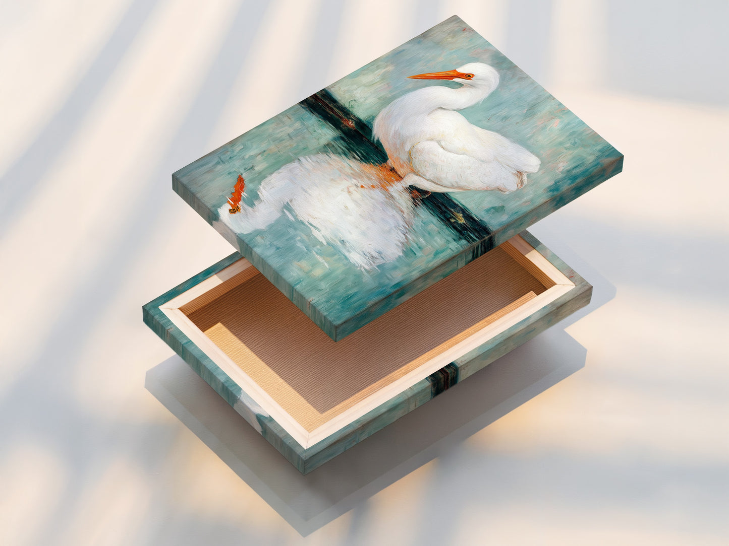 A beautifully stretched canvas print of the Egret artwork is displayed. This coastal bird wall art is ready to hang. The teal and white artwork enhances any space. Perfect for living rooms bedrooms and bathrooms. The heron print offers a serene touch to your home. Discover the elegance of this stretched canvas today.