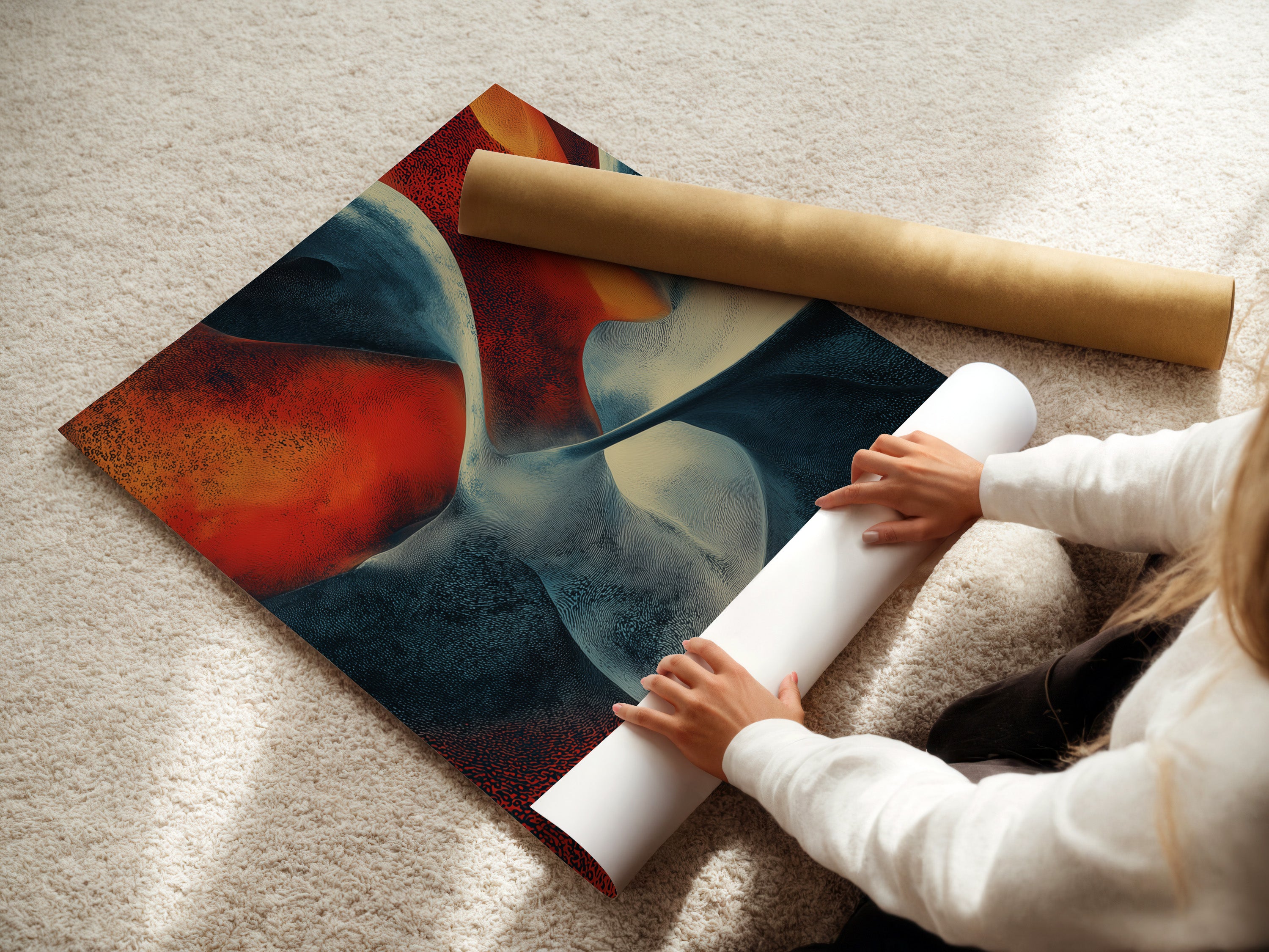 A woman is carefully rolling a fine art poster paper. The poster paper features abstract shapes in red white and blue. This high-quality poster paper ensures vibrant colors. Perfect for creating stunning wall art. Shop now for fine art poster prints. Frame not included.