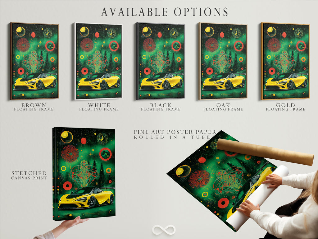 Available options include stretched canvas print fine art poster paper and floating frame. Customize your cosmic geometric artwork. Select the best format for your yellow supercar poster. Enhance your man cave decor or garage wall art. Create unique racing car art.