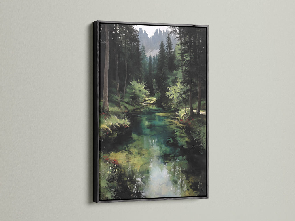 The forest river artwork is presented in a black frame. The bold frame highlights the woodland landscape painting. This emerald green art adds sophistication to your decor. Perfect for a modern or rustic aesthetic. The black frame enhances the nature artwork's details. Enjoy a serene river landscape in your home.