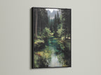 The forest river artwork is presented in a black frame. The bold frame highlights the woodland landscape painting. This emerald green art adds sophistication to your decor. Perfect for a modern or rustic aesthetic. The black frame enhances the nature artwork's details. Enjoy a serene river landscape in your home.