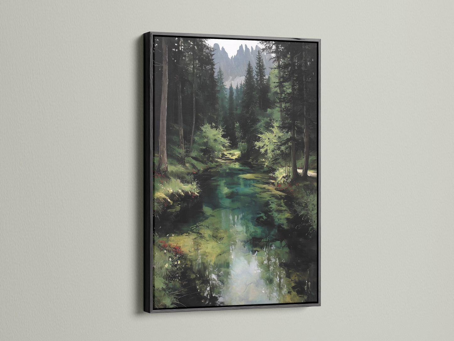 The forest river artwork is presented in a black frame. The bold frame highlights the woodland landscape painting. This emerald green art adds sophistication to your decor. Perfect for a modern or rustic aesthetic. The black frame enhances the nature artwork's details. Enjoy a serene river landscape in your home.