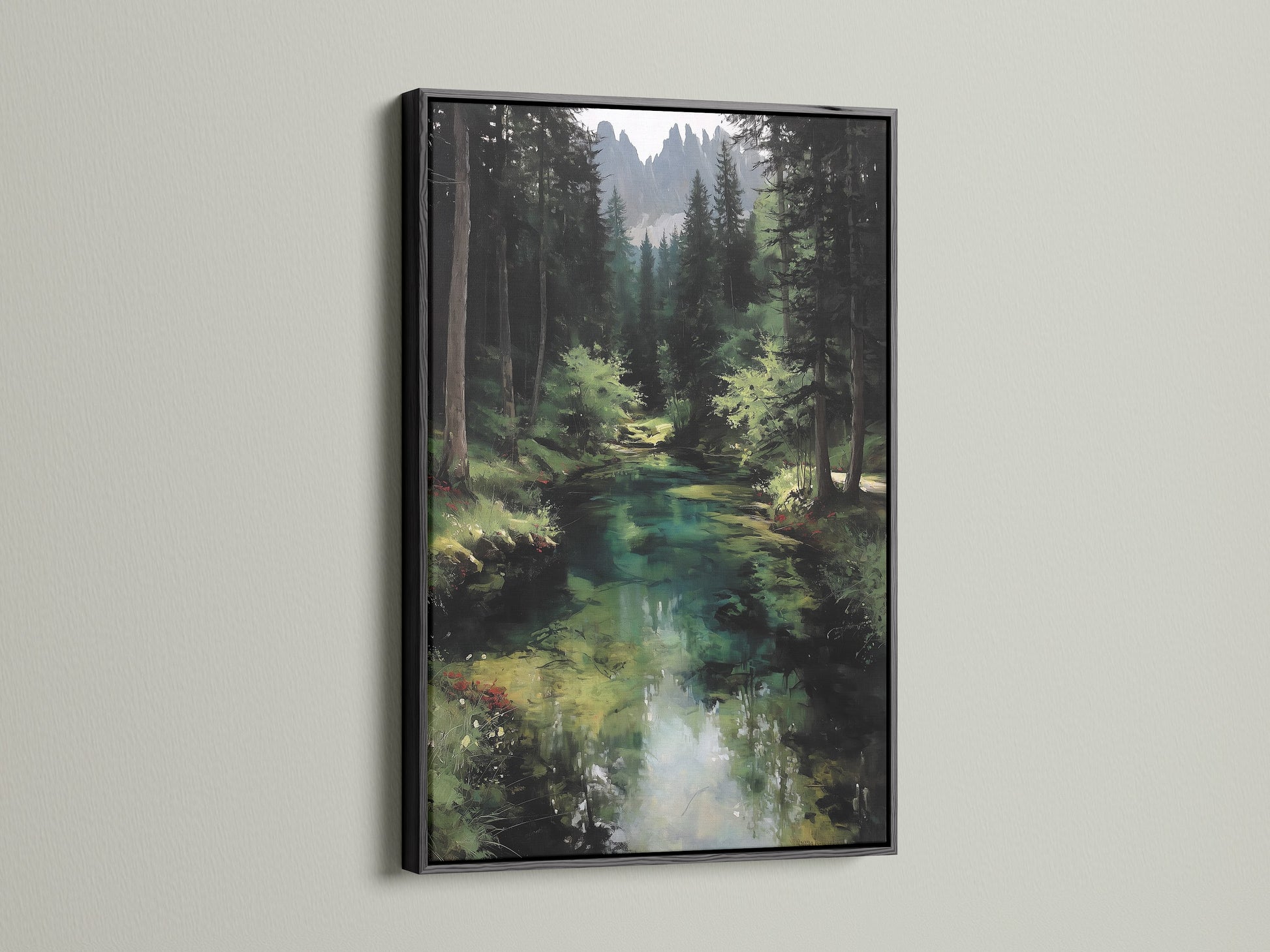 The forest river artwork is presented in a black frame. The bold frame highlights the woodland landscape painting. This emerald green art adds sophistication to your decor. Perfect for a modern or rustic aesthetic. The black frame enhances the nature artwork's details. Enjoy a serene river landscape in your home.