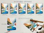 Explore the available options for this winter mountain river artwork. Choose from a stretched canvas print fine art poster paper or floating frame. The teal and orange nature scene is versatile. Find the perfect format to match your style and space. Transform your home with our exquisite art.