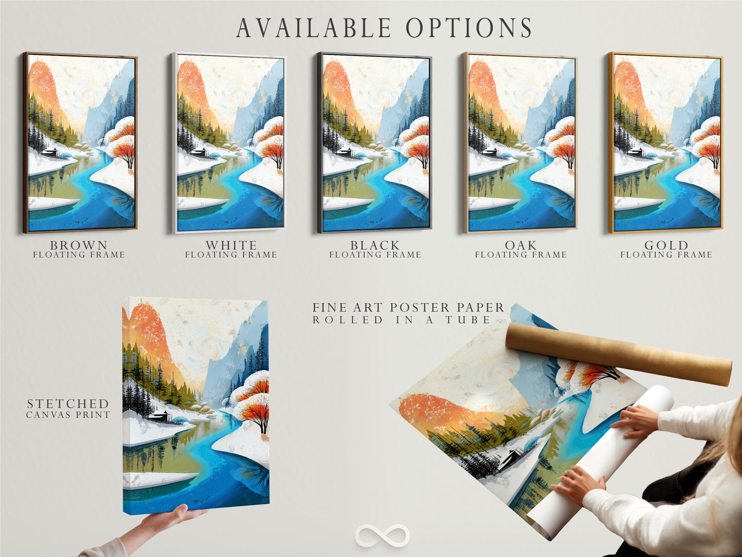 Explore the available options for this winter mountain river artwork. Choose from a stretched canvas print fine art poster paper or floating frame. The teal and orange nature scene is versatile. Find the perfect format to match your style and space. Transform your home with our exquisite art.