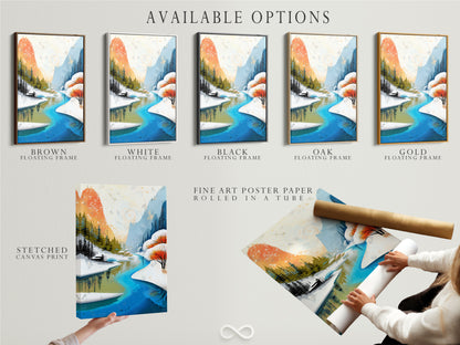 Explore the available options for this winter mountain river artwork. Choose from a stretched canvas print fine art poster paper or floating frame. The teal and orange nature scene is versatile. Find the perfect format to match your style and space. Transform your home with our exquisite art.