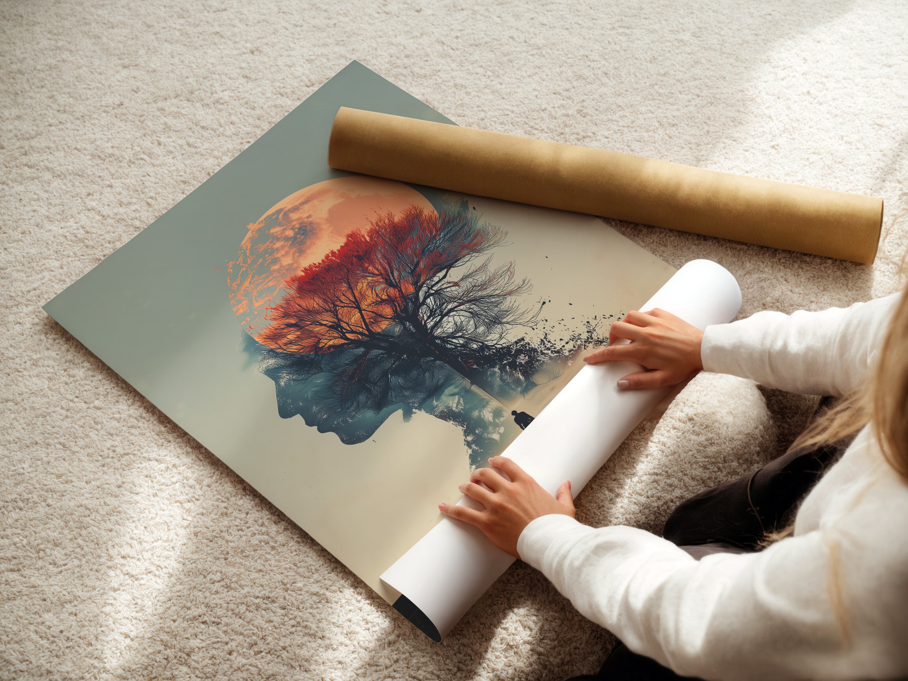 A woman is carefully rolling a fine art poster paper. The paper displays a surreal double exposure artwork. It features a woman silhouette a moon and a tree. This high-quality print ensures lasting beauty and detail.