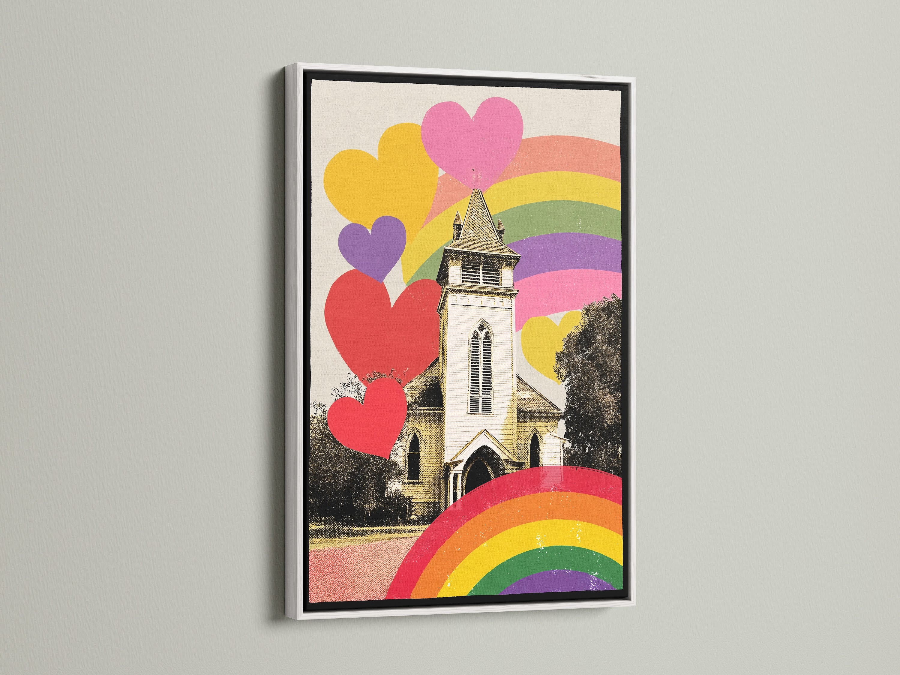 Artwork is displayed in a white frame. The art consists of a church with hearts and rainbows. A white frame offers a clean and modern look. It enhances the artwork's vibrant colors. Perfect for adding a touch of elegance to any space. Order now