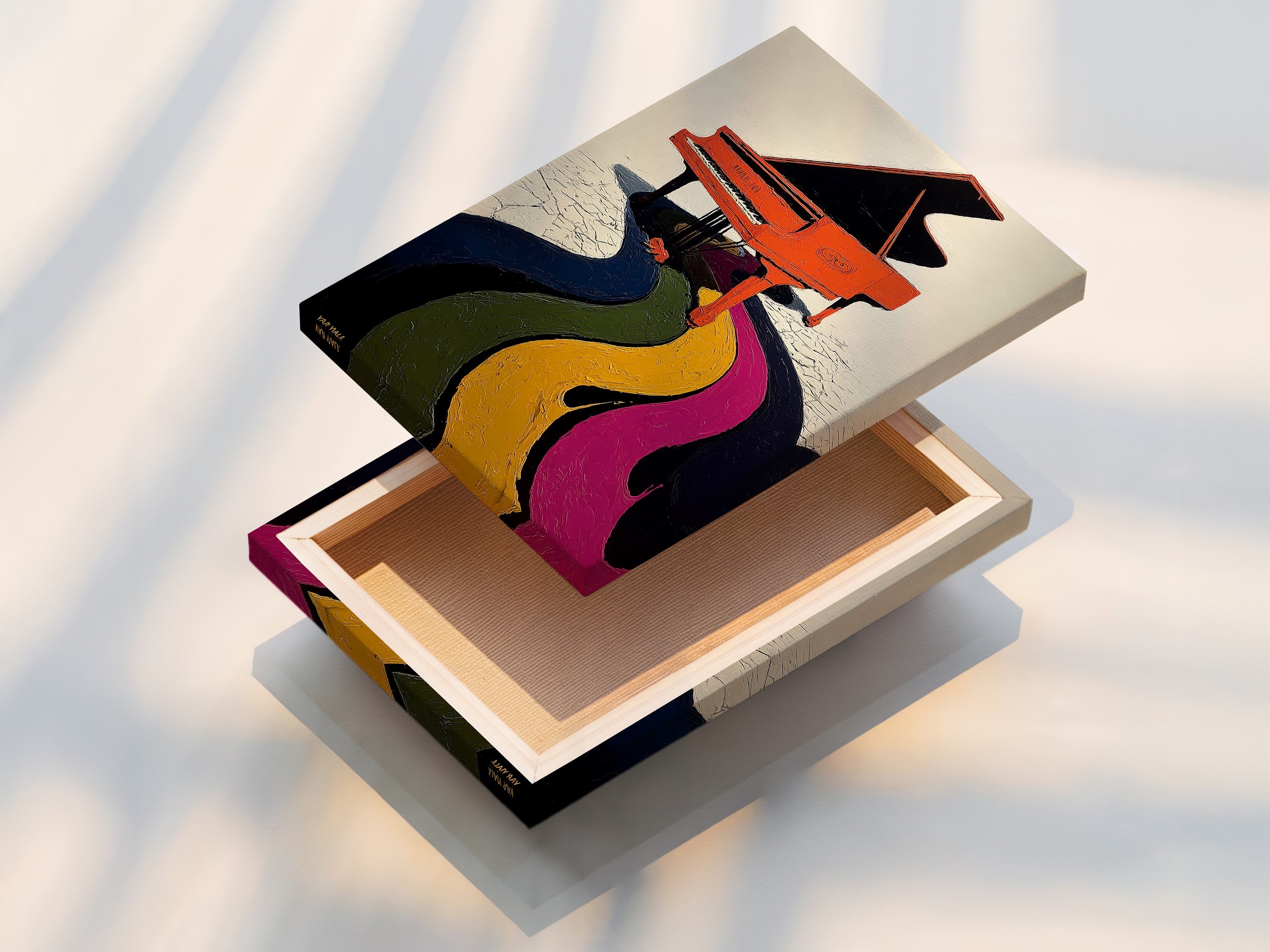 Stretched canvas print featuring a grand piano artwork. The rainbow music theme adds an eclectic touch. Perfect for music room wall art or studio wall decor. Vibrant art print enhances any space. Ideal for music lovers and musicians.