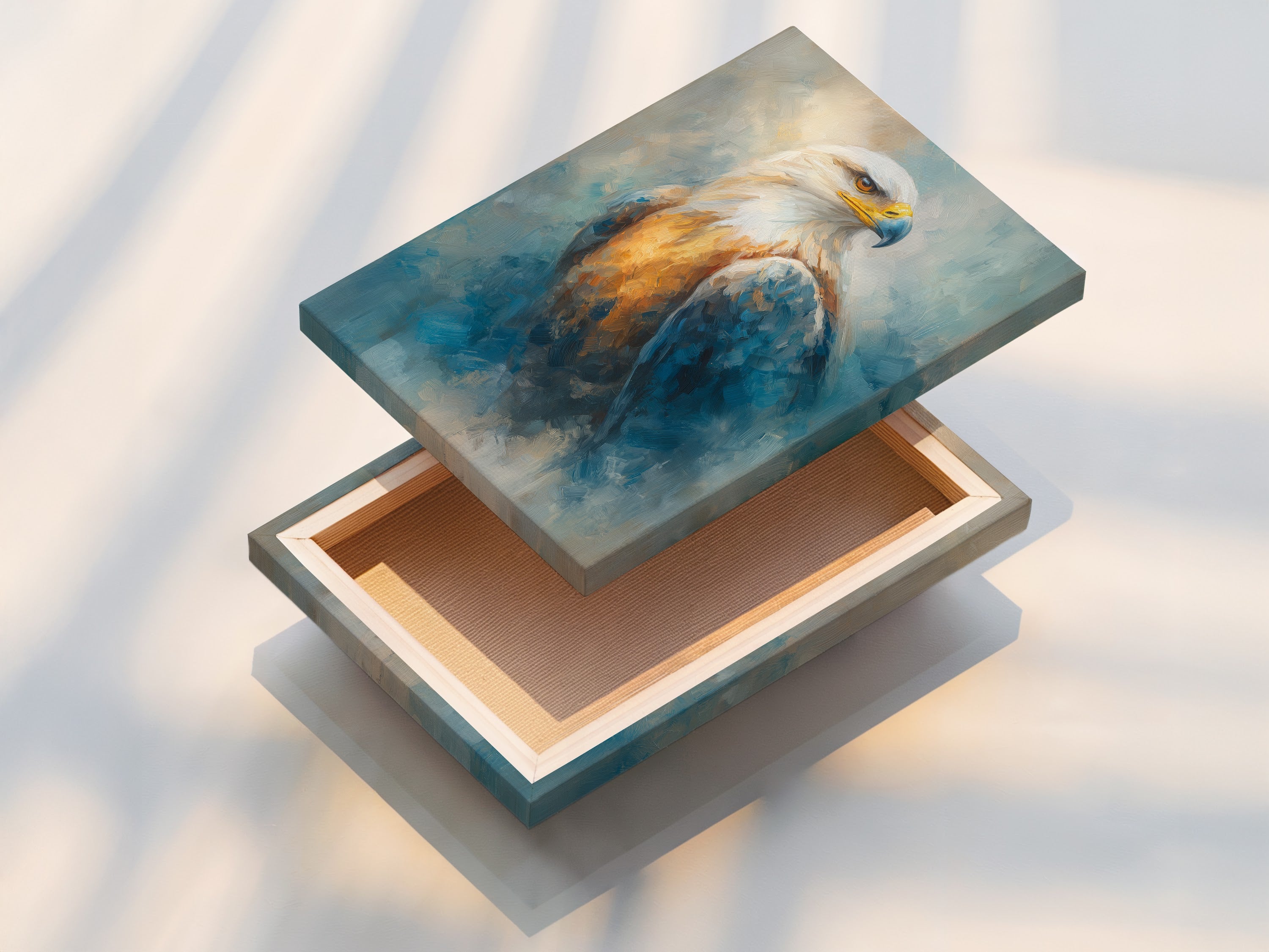 A beautifully stretched canvas print of an eagle. This wall art features a majestic bird. Perfect for patriotic decor and wildlife art. Enhance your office with this American eagle artwork. Explore our selection of raptor art. This stretched canvas print is ready to hang. Add a touch of nature to your walls. Shop now for eagle prints.