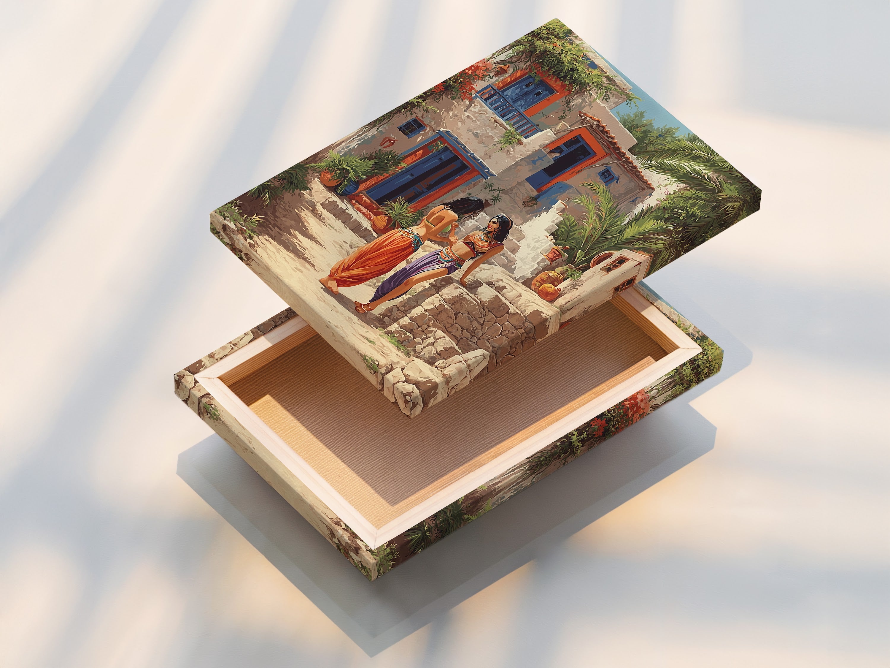 A stretched canvas print of Mediterranean Women artwork. This bohemian wall art features teal blue and orange artwork. The stretched canvas is ready to hang. It is perfect for living room wall art bedroom wall decor and sunrooms. This colorful art adds a unique touch to your home. The figures print is ideal for creating a globally-inspired space.