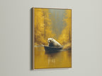 Experience the warmth of oak with this framed wildlife art. A bear sits in a boat amidst an autumn scene. The oak frame enhances the golden hues of the artwork. This piece is ideal for cabin decor or rustic-themed rooms. A unique gift for him. Bring nature indoors with this charming artwork.