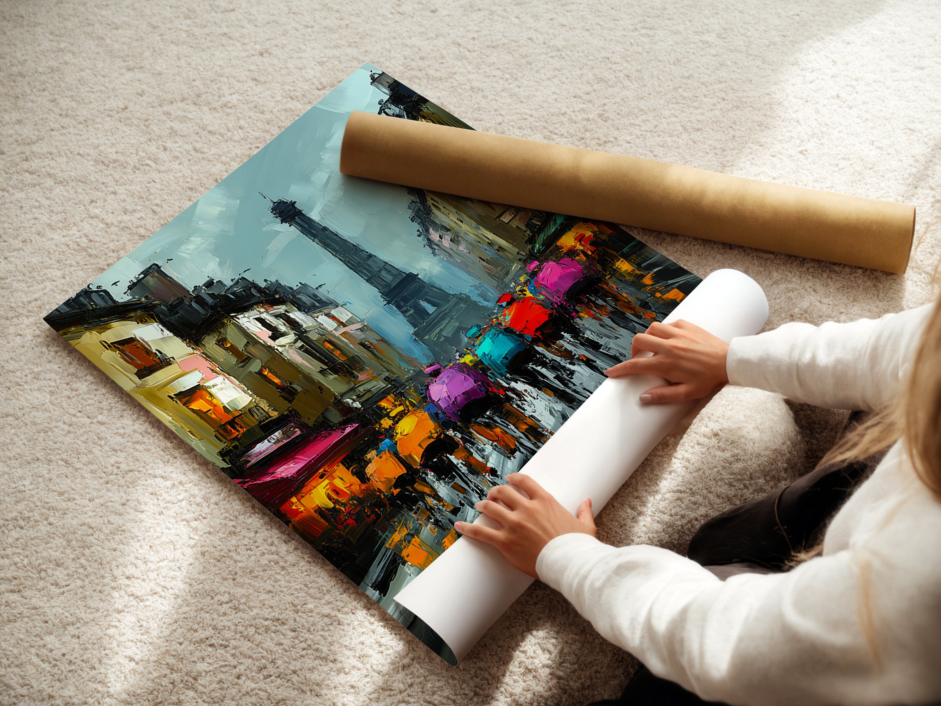 A woman is carefully rolling a fine art poster paper. The poster paper is high quality. She is handling it with care. This image showcases the attention to detail in producing fine art prints. Perfect for showcasing the craftsmanship involved in art printing.
