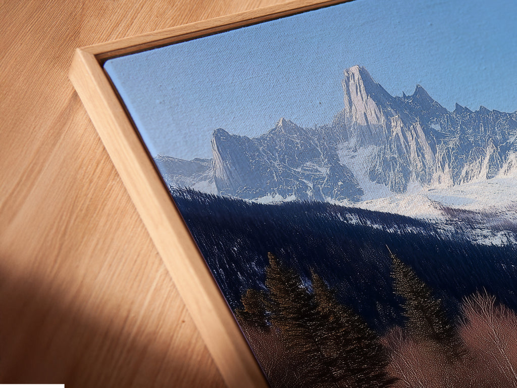 A close-up angled view reveals a canvas print in a floating frame. The artwork showcases a mountain chalet scene. Its snowy Alps landscape provides rustic charm. The floating frame adds a modern touch. Perfect lodge artwork for cabin decor.