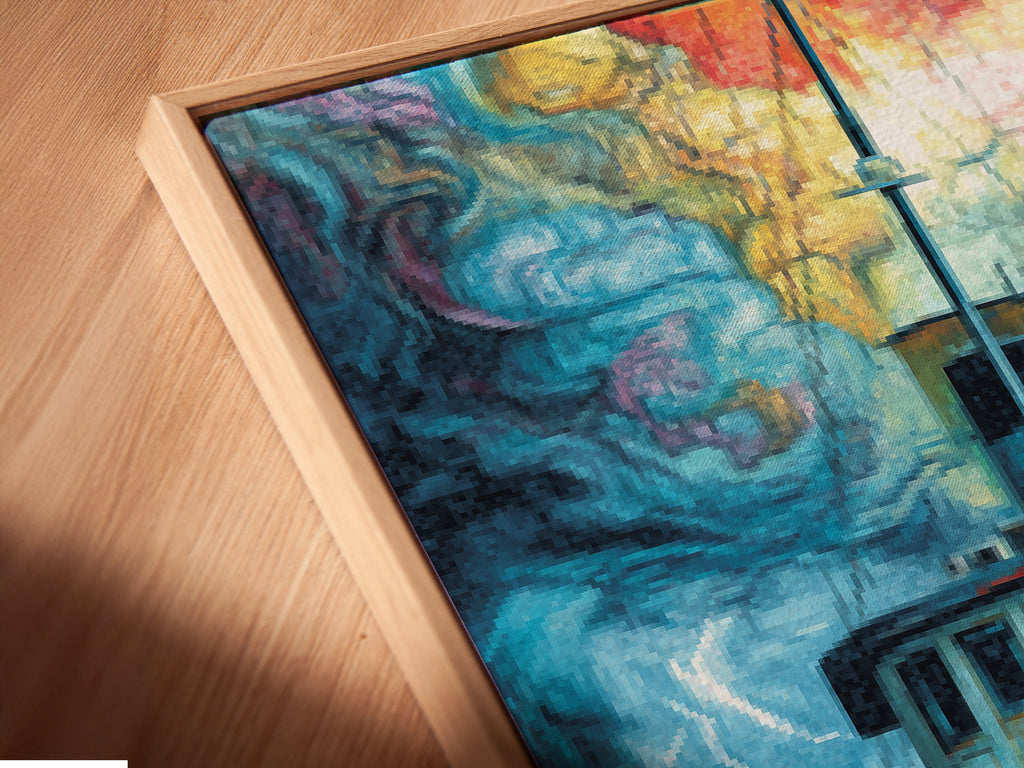 A close-up of a Fishing Boat canvas print in a floating frame. The nautical wall art is beautifully displayed. The stormy seascape painting adds depth and texture. This boat wall art enhances any room. The piece is ideal for adding a touch of coastal charm. The frame offers a modern look.