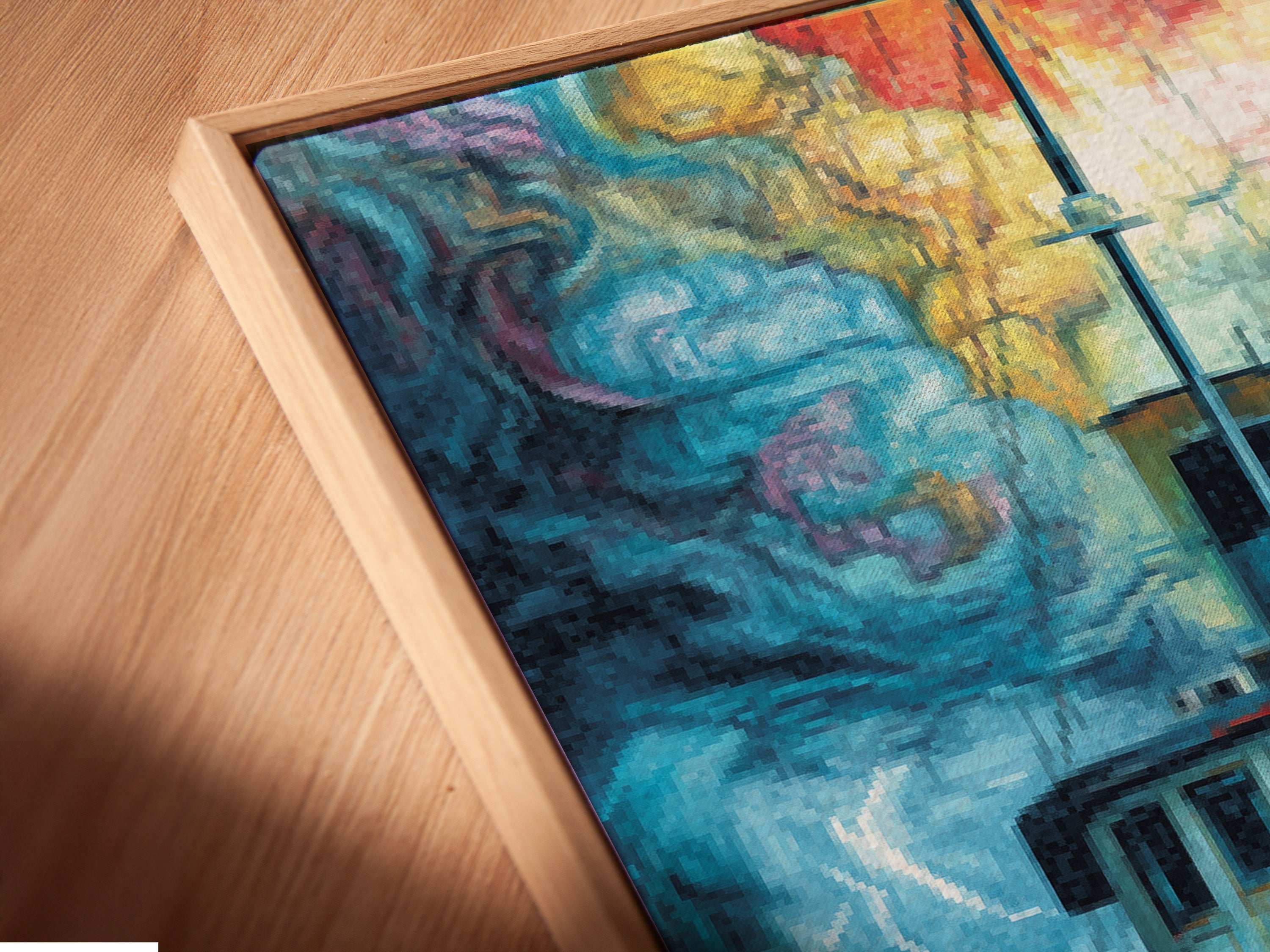 A close-up of a Fishing Boat canvas print in a floating frame. The nautical wall art is beautifully displayed. The stormy seascape painting adds depth and texture. This boat wall art enhances any room. The piece is ideal for adding a touch of coastal charm. The frame offers a modern look.