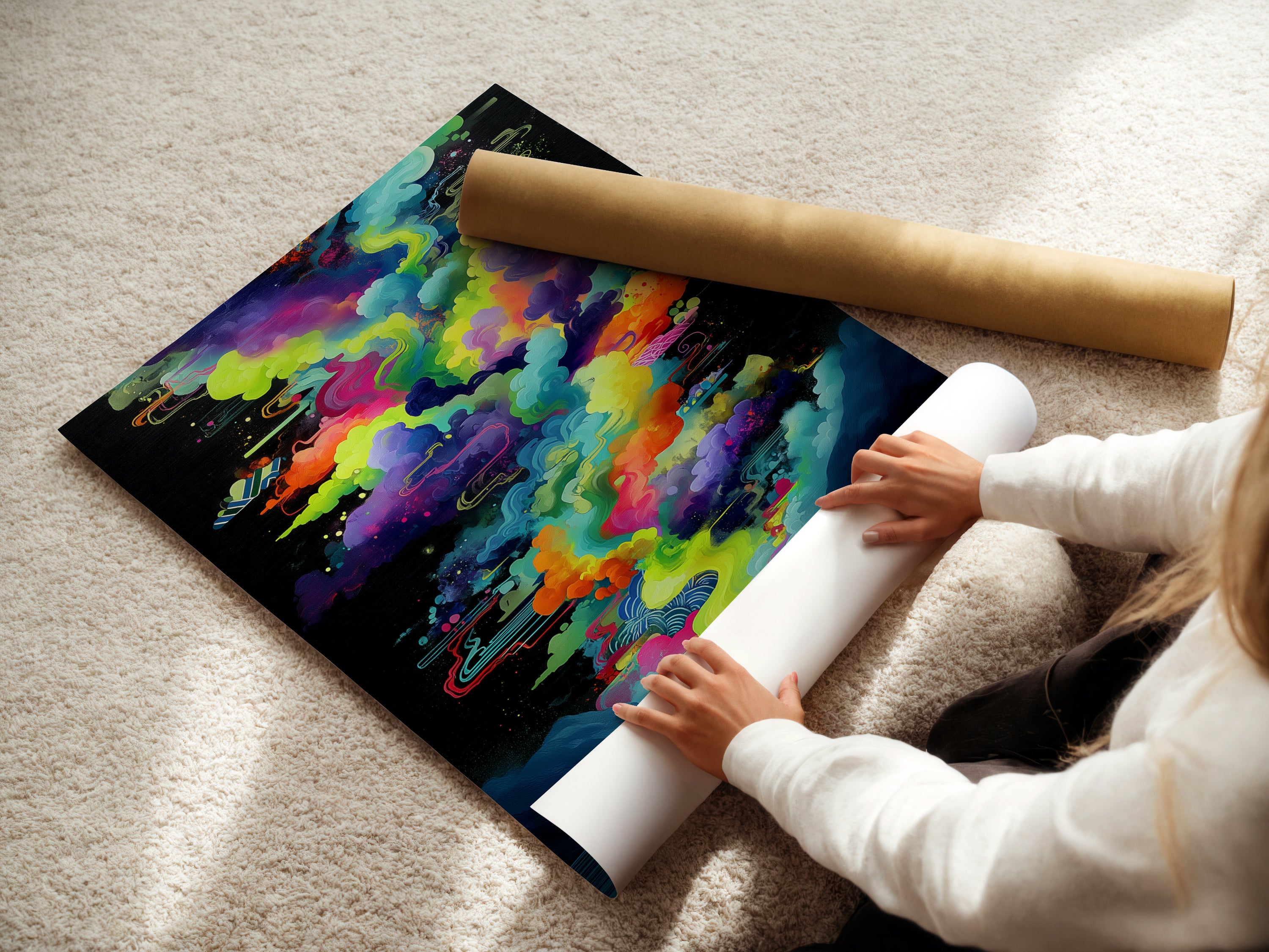 A woman is carefully rolling a fine art poster paper. This ensures the psychedelic print arrives in perfect condition. The colorful cloudscape artwork will be ready to display. High-quality prints for vibrant wall art.