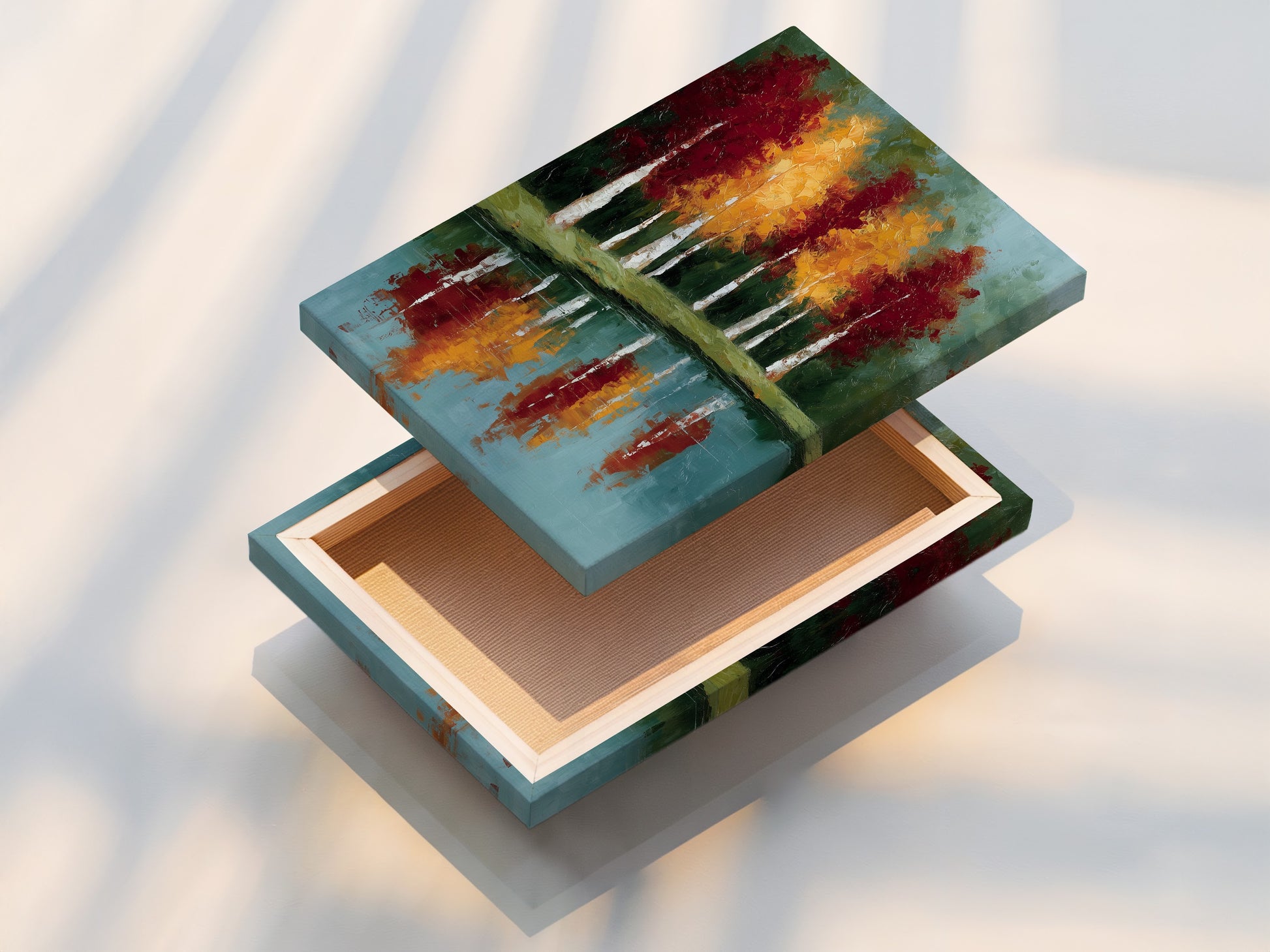 A stretched canvas print of autumn trees artwork. The reflected landscape wall art showcases a teal blue lake painting. This canvas print is ready to hang. Perfect for adding color and style to your living room or office.