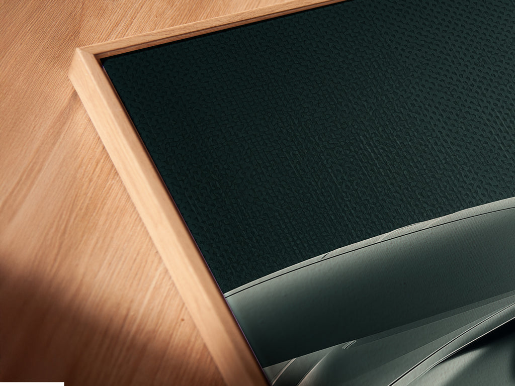 Close-up angled view of a canvas print in a floating frame. The floating frame enhances the modern art. It provides a sleek contemporary look. Perfect for showcasing automotive wall art in any space. Elevate your decor.