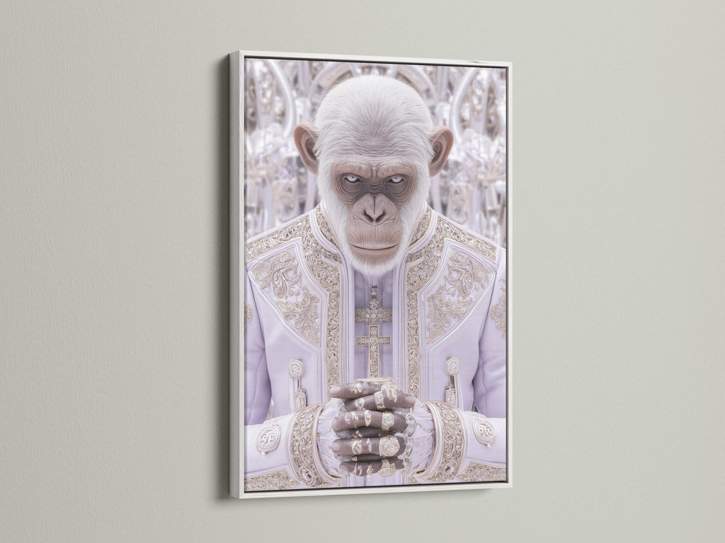 The Monkey Pope art print is elegantly framed in white. This surreal wall art stands out. The white frame complements the artwork. This piece will add a modern touch to your home or office decor. It's perfect for those seeking unique and contemporary art. The artwork elevates any space with its bohemian & eclectic style.