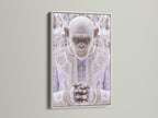 The Monkey Pope art print is elegantly framed in white. This surreal wall art stands out. The white frame complements the artwork. This piece will add a modern touch to your home or office decor. It's perfect for those seeking unique and contemporary art. The artwork elevates any space with its bohemian & eclectic style.