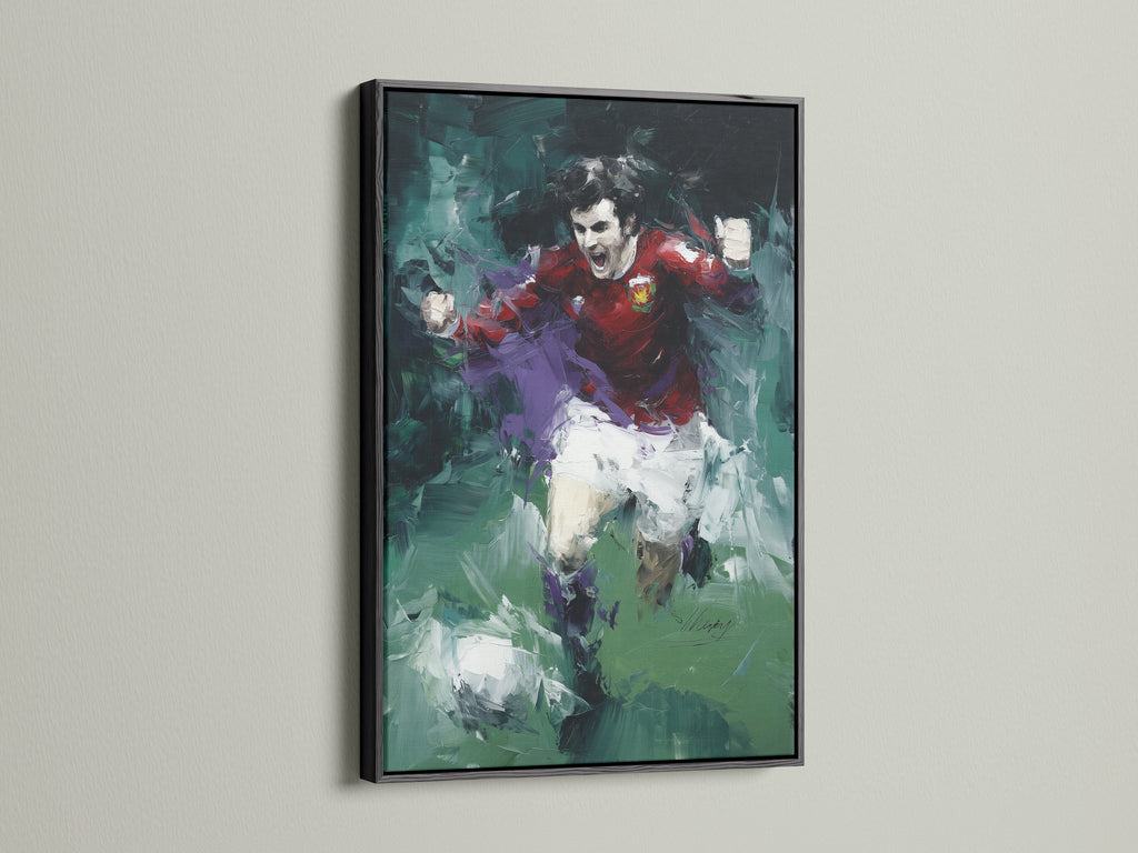 A soccer player canvas art piece with an abstract sports theme is displayed in a black frame. The artwork is a dynamic action painting. This sports wall art will enhance living rooms bedrooms offices or man caves. The black frame adds a modern touch.