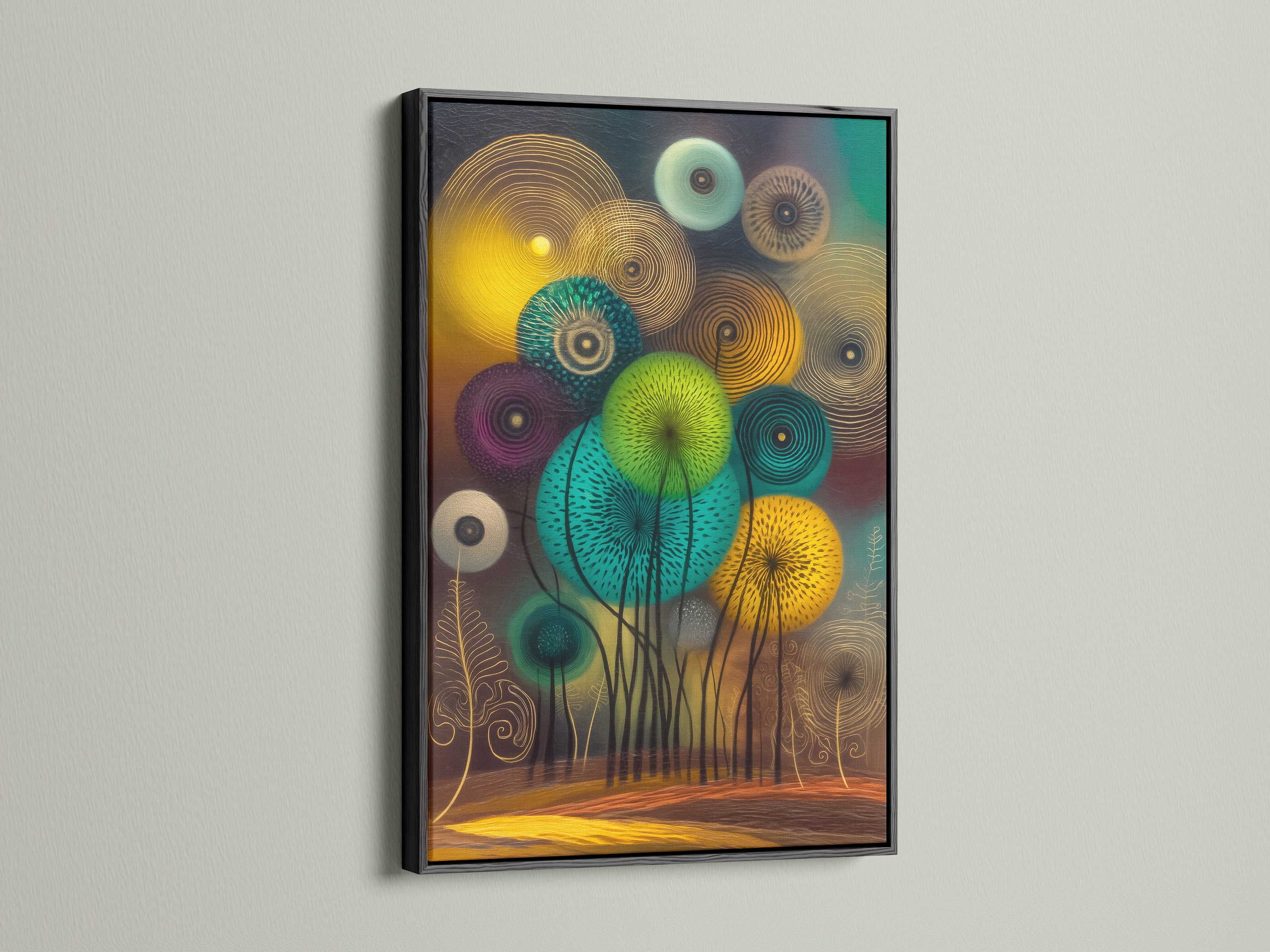 A black frame elegantly displays abstract floral art. The teal and gold botanical artwork offers a modern aesthetic. Contemporary art enhances any room. Ideal for eclectic styles. This nature art piece is perfect for offices living rooms and bedrooms. Add sophistication with this canvas.