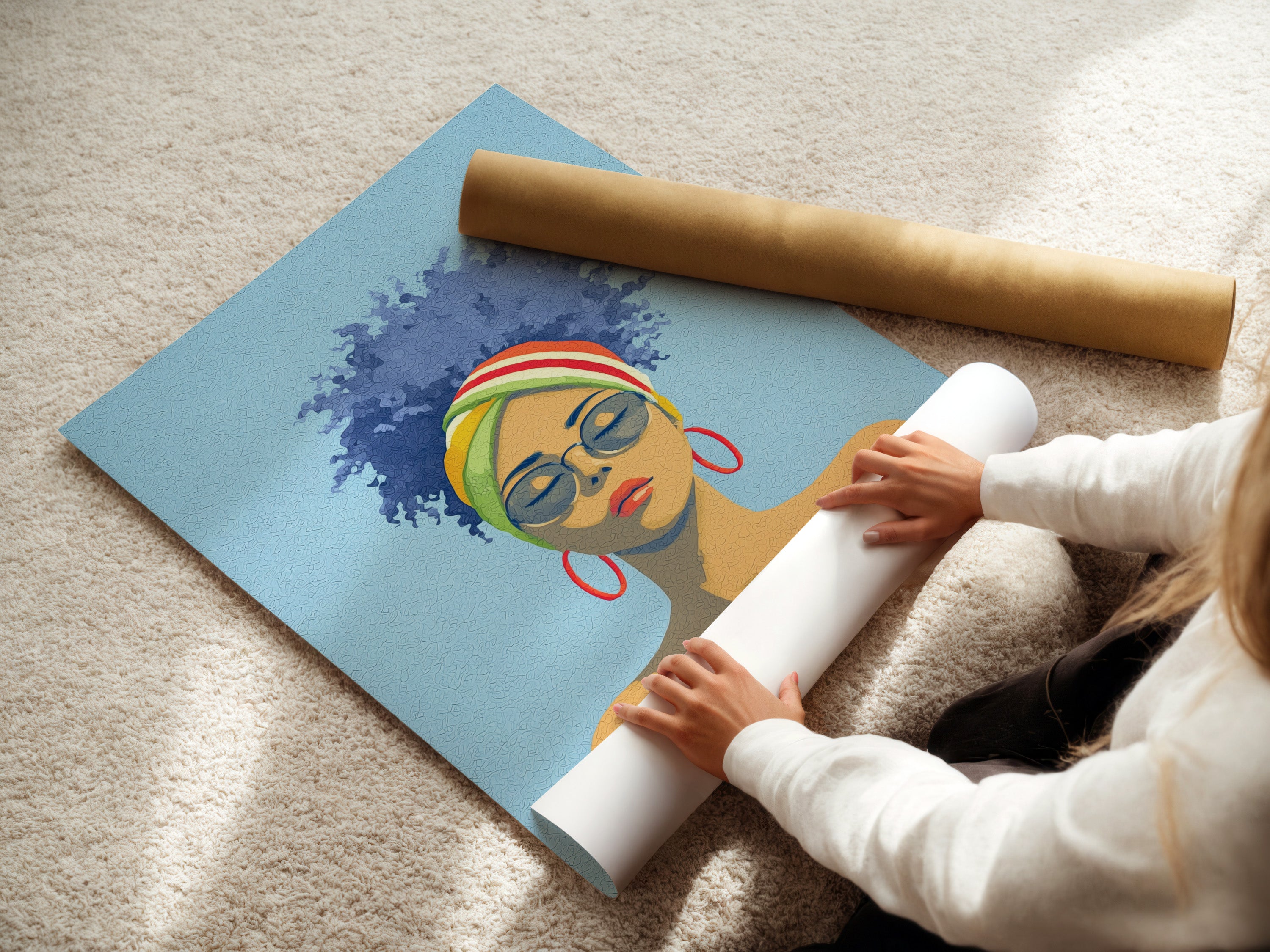 A woman is carefully rolling a fine art poster paper. This showcases the care and quality put into preserving the artwork. Perfect for high-quality prints of the Afro Woman Portrait.